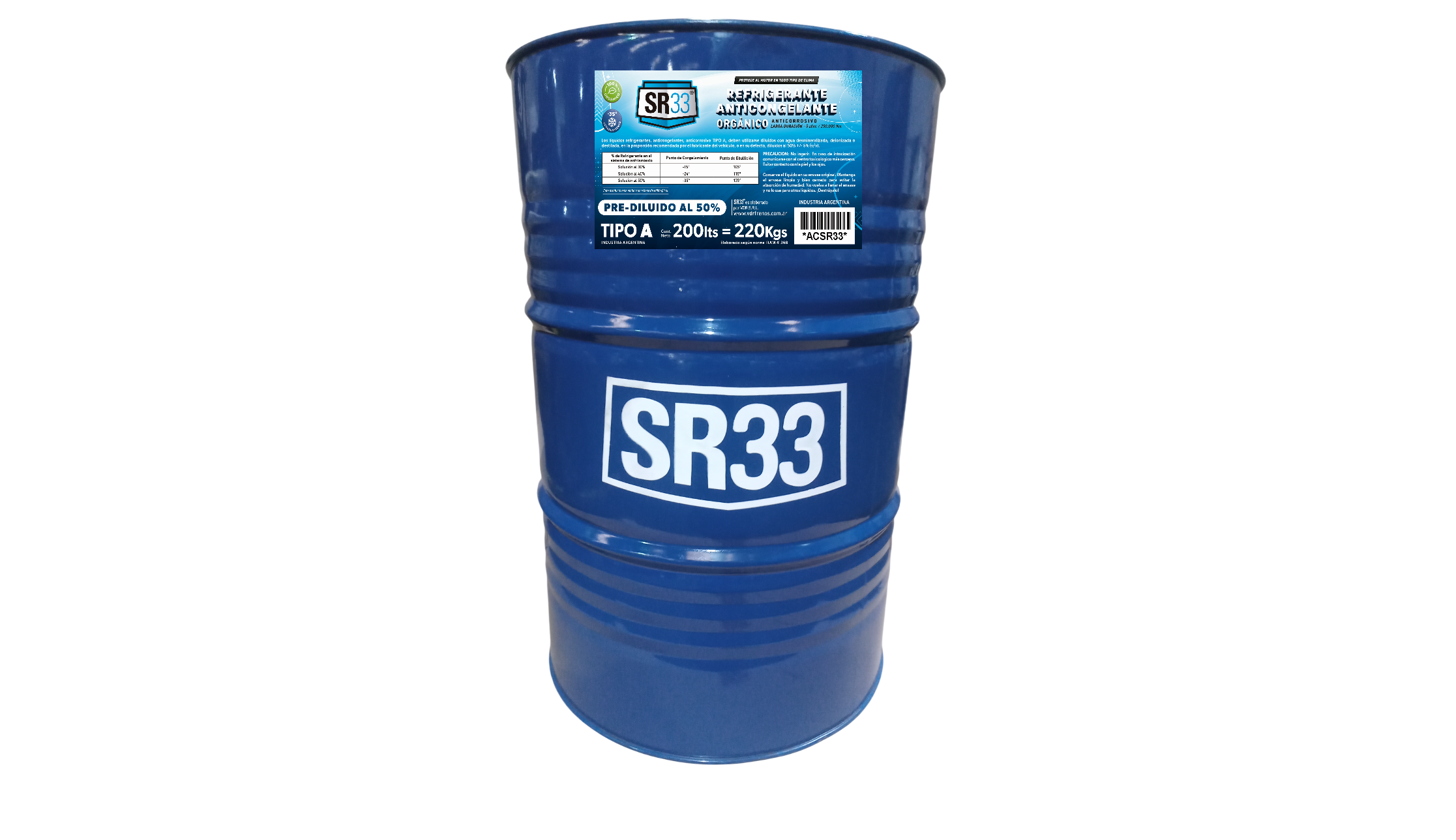 ANTICONGELANTE REFRIGERANTE PRE-DILUIDO AL 50% - TAMBOR 200 LITROS